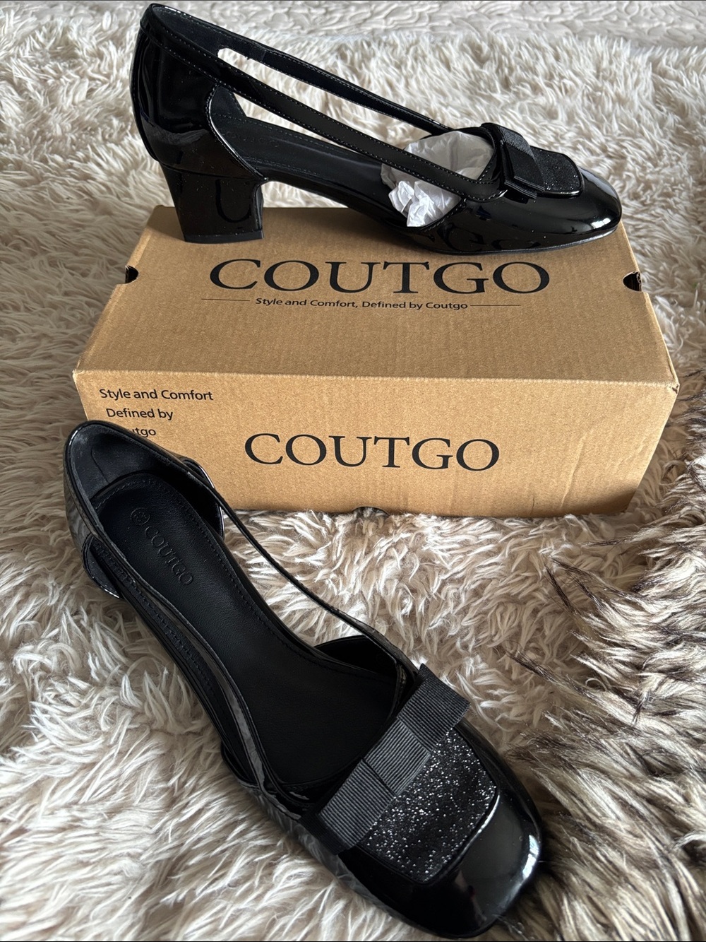 Coutgo Black Patent Slingback Block Heel Pumps